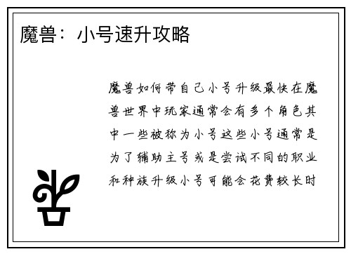 魔兽：小号速升攻略