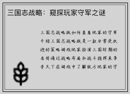 三国志战略：窥探玩家守军之谜